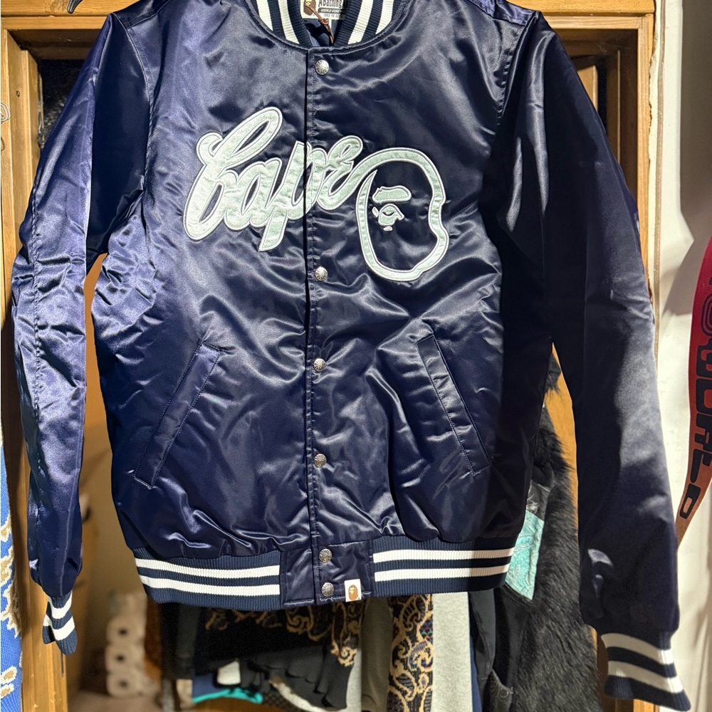 Bape Dark Blue Varsity Jacket with Silver Bathing Ape